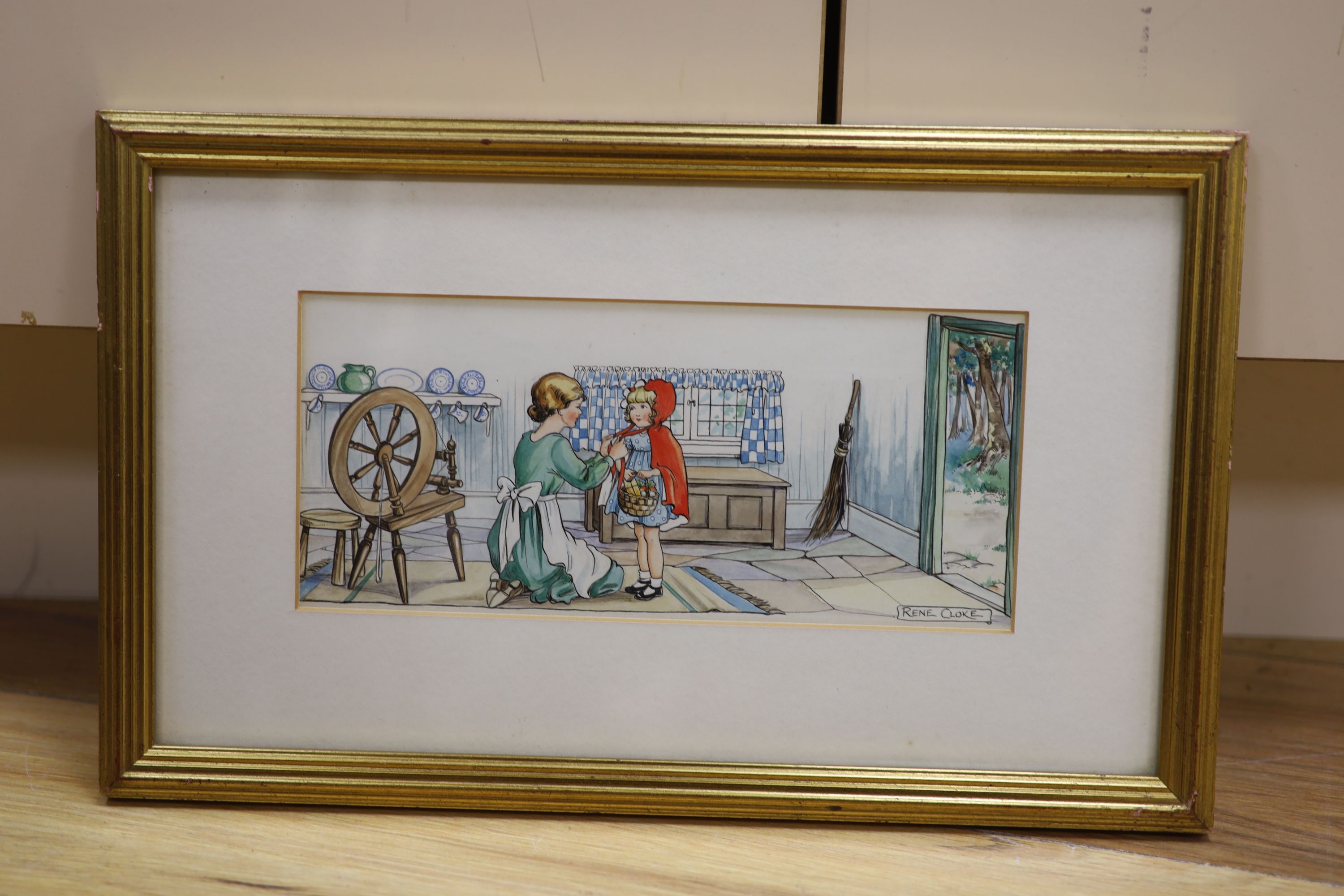 Rene Cloke (1904-1995), ink and watercolour, Little Red Riding Hood, 10 x 23cm
